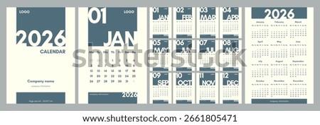 Monthly calendar for 2026. Vertical template, A4 format, English, week starts on Monday. Minimalistic graphics.