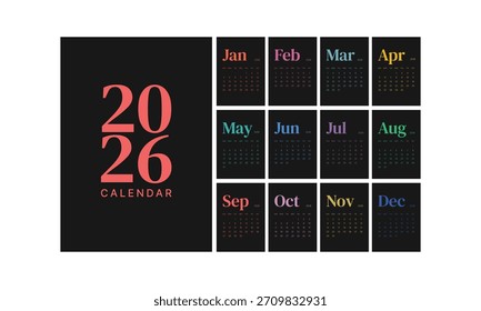 Monatskalender 2026 Wochenanfang Sonntag Corporate Design Template Vektor, schwarzer Wandtisch Kalender in einem minimalistischen Stil