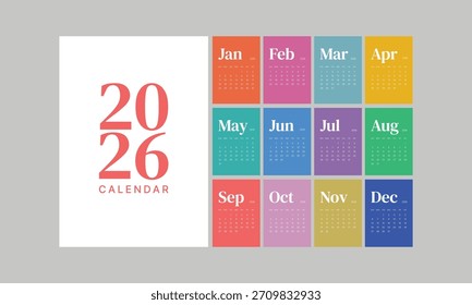 Monatskalender 2026 Wochenanfang Sonntag Corporate Design Template Vektor, Wandtisch Kalender in einem minimalistischen Stil