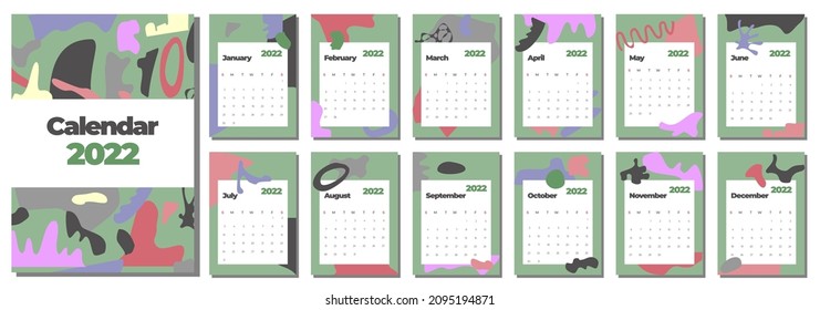 Monthly calendar with abstract shapes. Green sage color background. Start from Sunday.