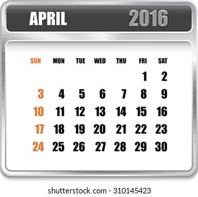 Monthly calendar for April 2016 on metallic plate, orange holidays. Can be used for business and office calendars, website design, prints etc. Vector Illustration