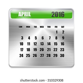 Monthly calendar for April 2016 on metallic plate, orange holidays. Can be used for business and office calendars, website design, prints etc. Vector Illustration
