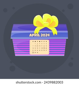 Monthly Calendar April 2024 On Blue Pink Color Gift Holiday Template Vector