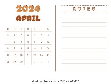 Calendario mensual abril de 2024 con notas laterales