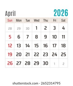 Calendário mensal, abril de 2026, ilustração vetorial isolada, eps