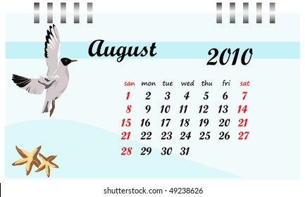 Monthly calendar. August 2010. A vector illustration.