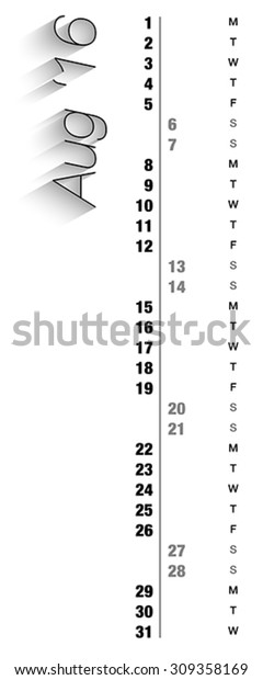 Monthly Calendar August 16 Vertical Digits Stock Vector Royalty Free