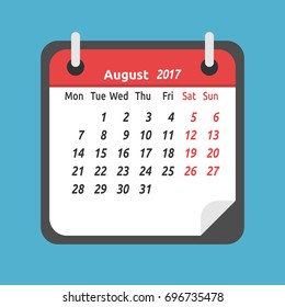Monthly calendar for August 2017. Week starts on Monday. Time, planning and schedule concept. Flat design. Vector illustration. EPS 8, no transparency
