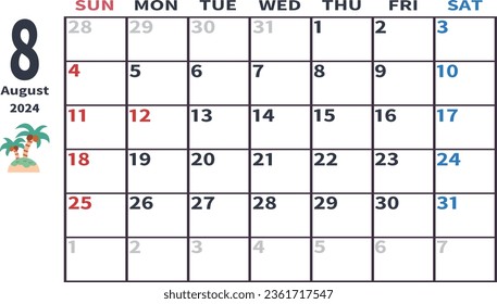 Monatlicher Kalender für August 2024