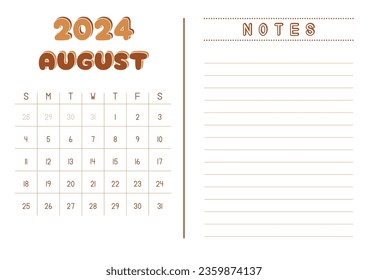 Monthly Calendar August 2024 with Side Notes