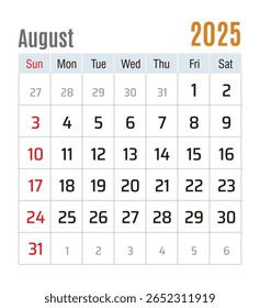 Calendário mensal, agosto de 2025, ilustração vetorial isolada, eps