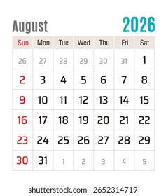 Calendário Mensal, agosto de 2026, ilustração vetorial isolada, eps