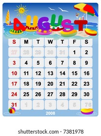 Monthly calendar August - Vector file contains separate layers: US Style, start on Sunday + Europe Style, start in Monday.