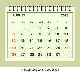 Monthly calendar August year 2018 on mandala background.  Layout a5 horizontal page of spiral calendar year 2018. English language. Week starts on Sunday. eps 10.