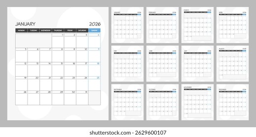 Calendario mensual calendario cuadrado azul para el año 2026. La semana comienza el lunes