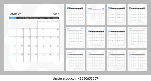 Monthly calendar blue square planner schedule for 2026 year. Week Starts on Sunday