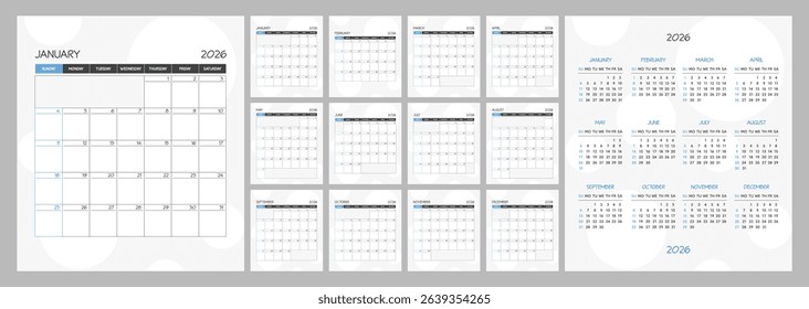 Monthly calendar blue square planner schedule for 2026 year. Week Starts on Sunday