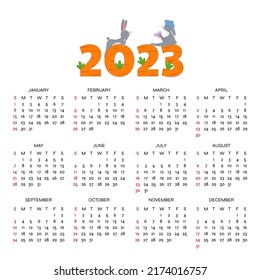 Monthly calendar with bunnies for 2023 years. Week Starts on Sunday. Cute cartoon rabbits sitting on carrot numbers and making photo.