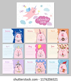 Monthly calendar with cute pig characters. Symbol of Chinese New Year 2019