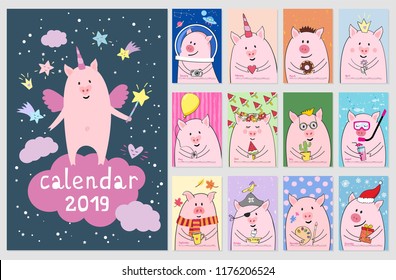 Monthly calendar with cute pig characters. Symbol of Chinese New Year 2019