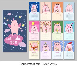 Monthly calendar with cute pig characters. Symbol of Chinese New Year 2019