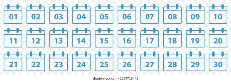 Calendario mensual Fecha Icon Set – 01 a 30 en fondo transparente . Eps 10.