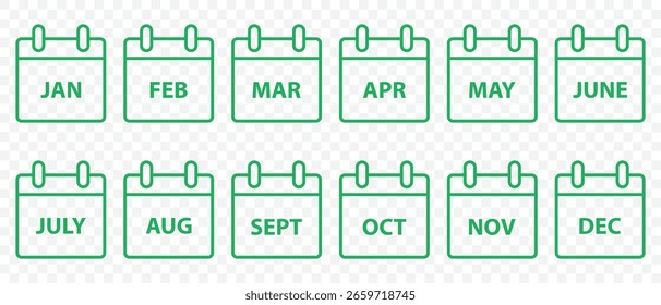 Monthly Calendar Date Icon Set – January to December on Transparent Background . Eps 10.