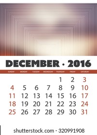 Monthly Calendar: December 2016 Template with Colorful Abstract Background. Vector Illustration.