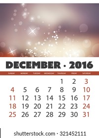 Monthly Calendar: December 2016 Template with Colorful Abstract Background. Vector Illustration.
