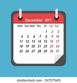 Monthly calendar for December 2017. Week starts on Monday. Time, planning and schedule concept. Flat design. Vector illustration. EPS 8, no transparency