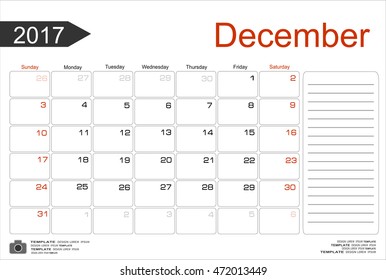Monthly Calendar for December 2017 Year. Vector Design Print Template. Week Starts Sunday.