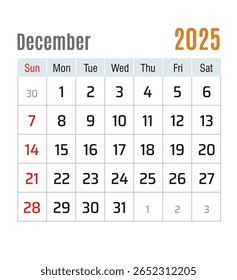 Calendário Mensal, dezembro de 2025, ilustração vetorial isolada, eps