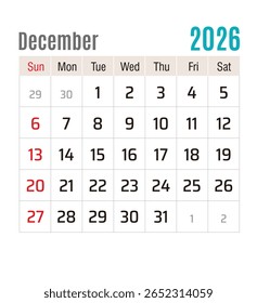 Monthly Calendar, December 2026, vector illustration isolated, eps