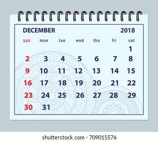 Monthly calendar December year 2018 on mandala background.  Layout a5 horizontal page of spiral calendar year 2018. English language. Week starts on Sunday. eps 10.