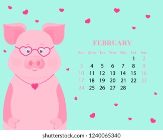 Monthly calendar for February 2019 from Sunday to Saturday. Cute pig with glasses and heart-shaped pendant.. The symbol of the Chinese New Year