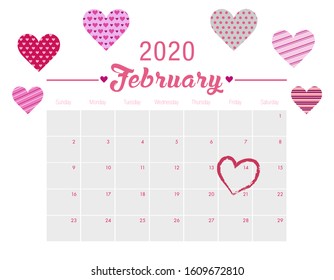 Monthly calendar of february 2020 with pink fonts and hearts with patterns of pink colors. Romantic calendar for Valentine´s day 2020