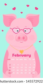 Monthly Calendar for February 2020. Week start on Sunday. Funny pig in love with glasses.
