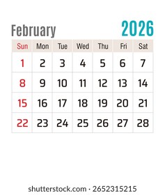 Calendário Mensal, fevereiro de 2026, ilustração vetorial isolada, eps