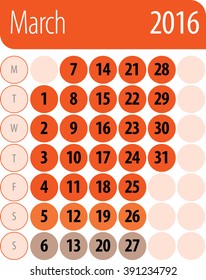 Monthly calendar flat design. March 2016