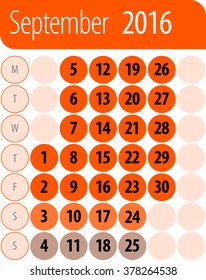 Monthly calendar flat design. September 2016. Vector illustration