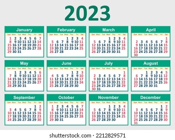 Monthly calendar grid template for 2023 year in English. Week Starts on Sunday. Desk calendar in a minimalist style. Vector illustration.