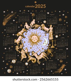 Monthly calendar with hand drawn zodiac signs illustration, planets, sun, moon, stars. Horoscope background, astrology planner design template.