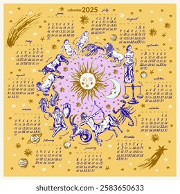 Monthly calendar with hand drawn zodiac signs illustration, planets, sun, moon, stars. Horoscope background, astrology planner design template.