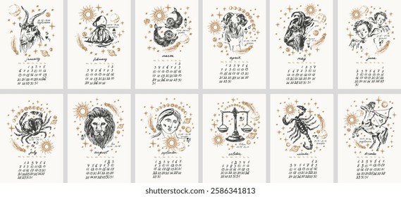 Monthly calendar with hand drawn zodiac signs illustration, planets, sun, moon, stars. Horoscope background, astrology planner in black and gold colors.