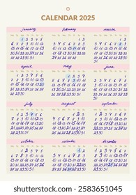 Monthly calendar with hand written numbers and month names. For business planners and organizers, week starts monday.