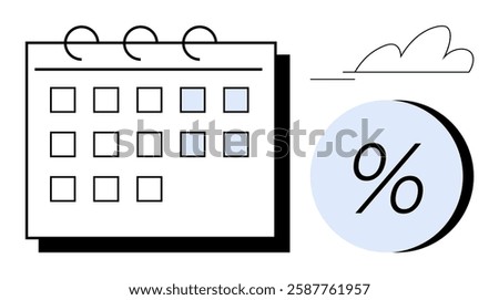 Monthly calendar with highlighted dates indicating important events, next to a percentage sign and linear cloud. Ideal for business schedules, financial planning, event organization, time management