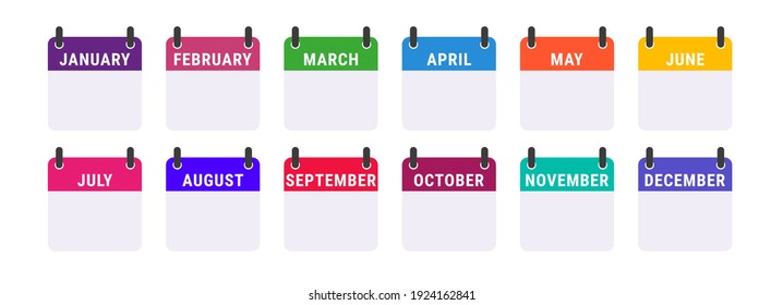 Monthly calendar icon set. For each month, an icon in its own color. Flat vector illustration isolated on white.