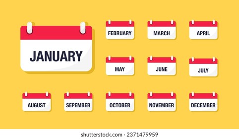 Monthly calendar icon set. Calendar icons depicting all 12 months. Vector illustration. Flat style