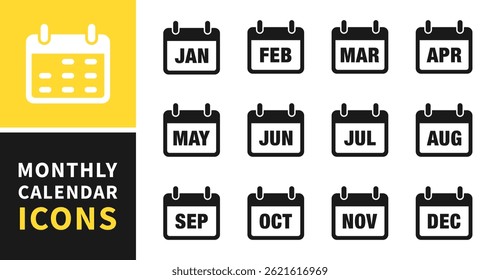 Monthly calendar icon set. Calendar icons depicting all 12 months. Vector illustration. Flat style