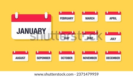 Monthly calendar icon set. Calendar icons depicting all 12 months. Vector illustration. Flat style